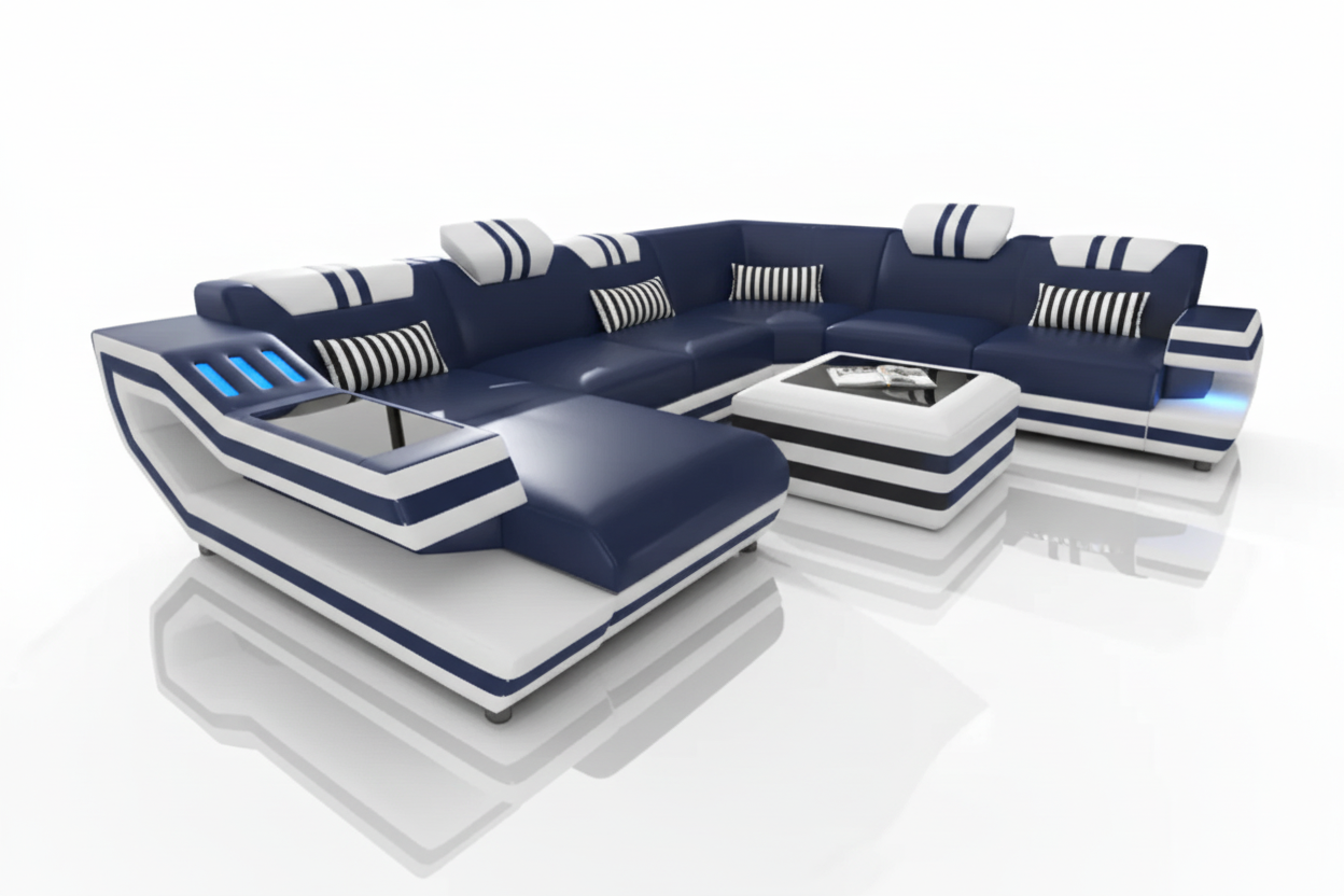 Aura U-Shape Leather Sectional Sofa with LED Light | Modern Designer Couch