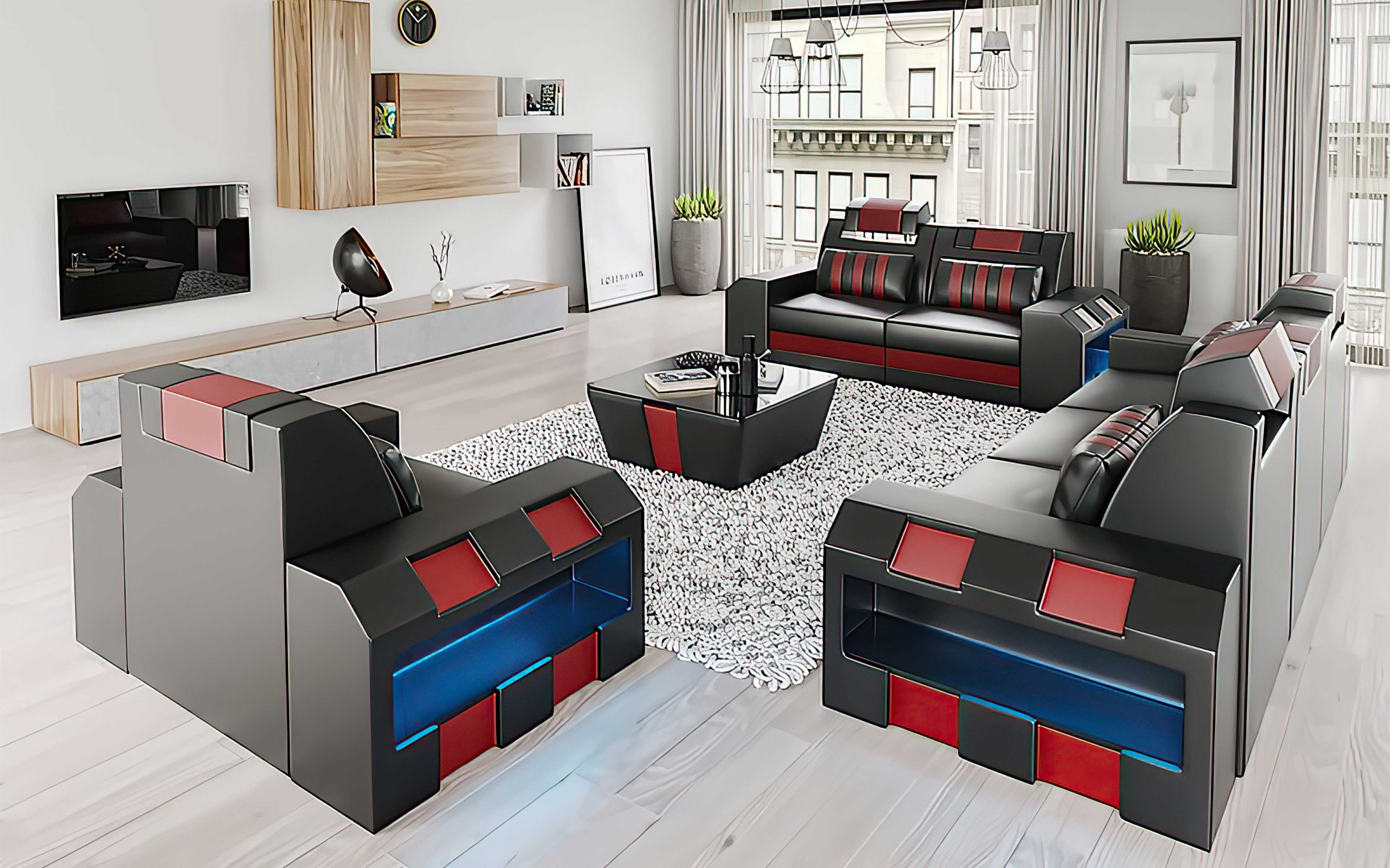 Cosmo LED Leather Sofa Set - Modern 3-Piece Living Room Set with Mood Lighting